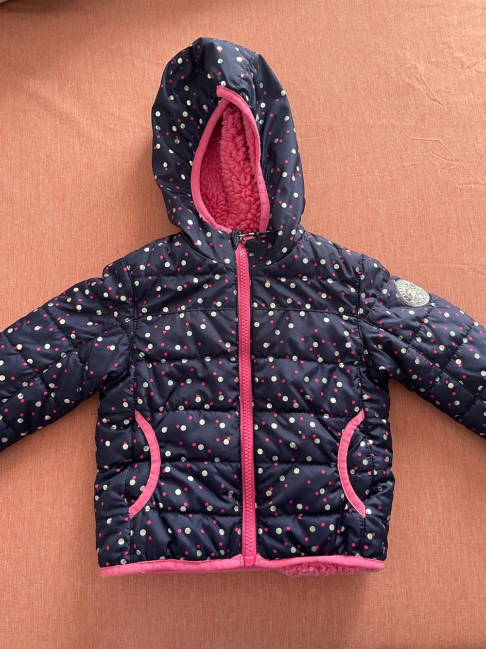 Girls Navy Dot Puffer Jacket with Pink Trim